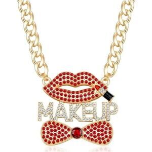 Women's Gold Crystal MAKEUP Lips Pendant Necklace Hip Hop Chunky Choker Chain